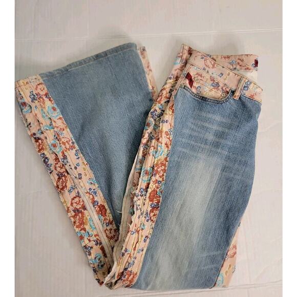 Parasuco Bohemian Jean Sz 32 Flare Low Rise Floral Ruffes Colorblock Unique - Picture 1 of 15